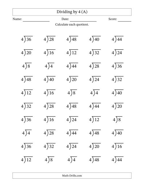 The Division Facts by a Fixed Divisor (4) and Quotients from 1 to 12 with Long Division Symbol/Bracket (50 questions) (All) Math Worksheet