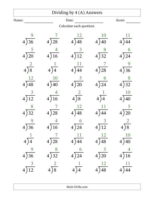 The Division Facts by a Fixed Divisor (4) and Quotients from 1 to 12 with Long Division Symbol/Bracket (50 questions) (All) Math Worksheet Page 2