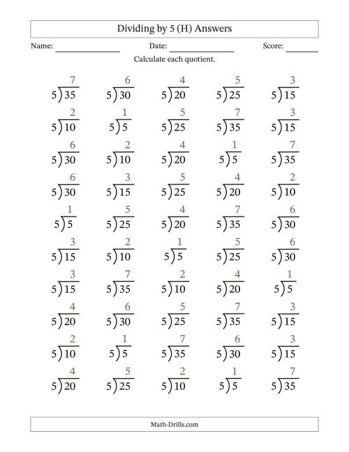 The Division Facts by a Fixed Divisor (5) and Quotients from 1 to 7 with Long Division Symbol/Bracket (50 questions) (H) Math Worksheet Page 2