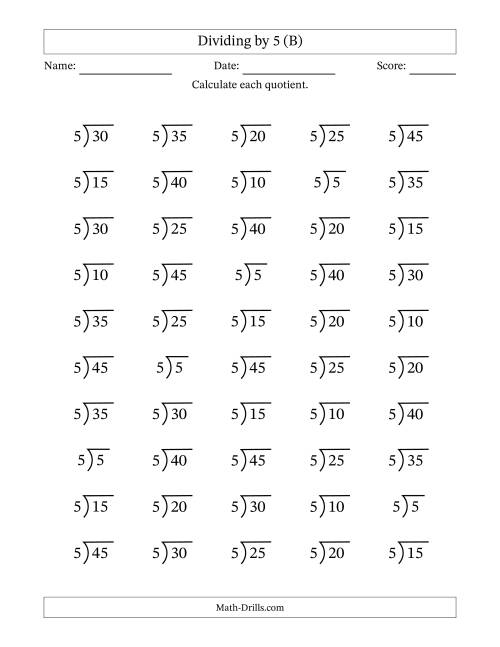 The Division Facts by a Fixed Divisor (5) and Quotients from 1 to 9 with Long Division Symbol/Bracket (50 questions) (B) Math Worksheet