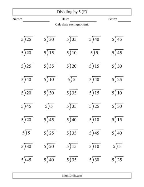 The Division Facts by a Fixed Divisor (5) and Quotients from 1 to 9 with Long Division Symbol/Bracket (50 questions) (F) Math Worksheet