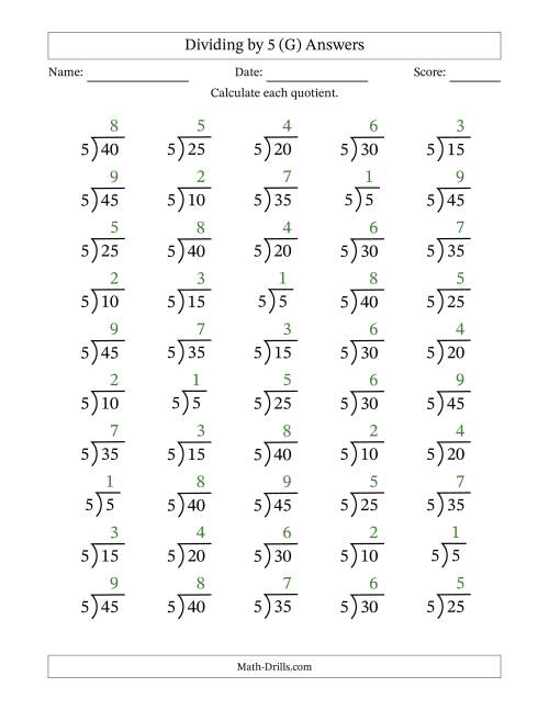The Division Facts by a Fixed Divisor (5) and Quotients from 1 to 9 with Long Division Symbol/Bracket (50 questions) (G) Math Worksheet Page 2