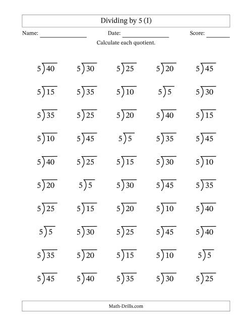 The Division Facts by a Fixed Divisor (5) and Quotients from 1 to 9 with Long Division Symbol/Bracket (50 questions) (I) Math Worksheet