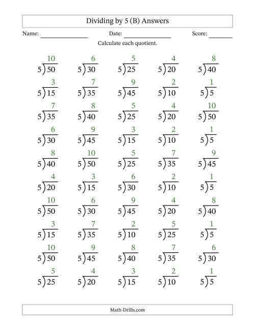 The Division Facts by a Fixed Divisor (5) and Quotients from 1 to 10 with Long Division Symbol/Bracket (50 questions) (B) Math Worksheet Page 2