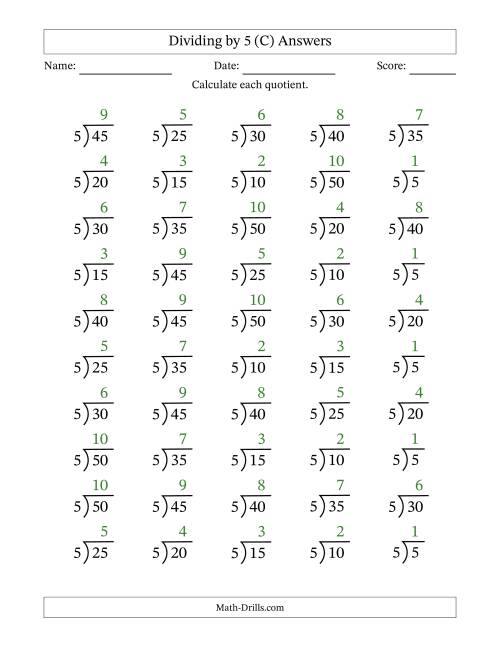 The Division Facts by a Fixed Divisor (5) and Quotients from 1 to 10 with Long Division Symbol/Bracket (50 questions) (C) Math Worksheet Page 2