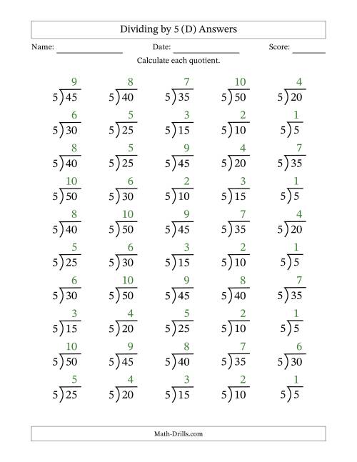 The Division Facts by a Fixed Divisor (5) and Quotients from 1 to 10 with Long Division Symbol/Bracket (50 questions) (D) Math Worksheet Page 2