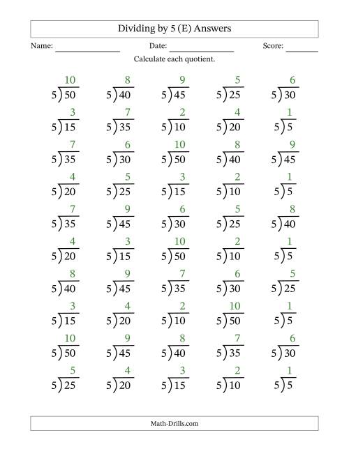 The Division Facts by a Fixed Divisor (5) and Quotients from 1 to 10 with Long Division Symbol/Bracket (50 questions) (E) Math Worksheet Page 2