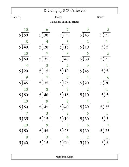 The Division Facts by a Fixed Divisor (5) and Quotients from 1 to 10 with Long Division Symbol/Bracket (50 questions) (F) Math Worksheet Page 2