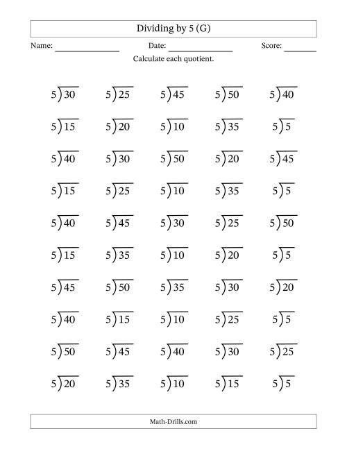 The Division Facts by a Fixed Divisor (5) and Quotients from 1 to 10 with Long Division Symbol/Bracket (50 questions) (G) Math Worksheet