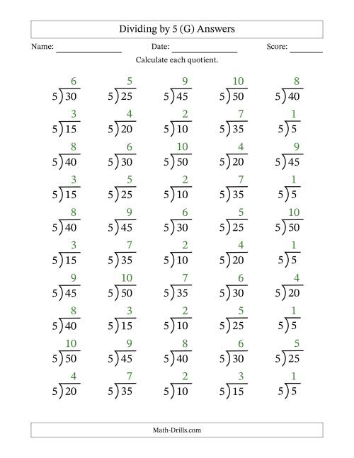 The Division Facts by a Fixed Divisor (5) and Quotients from 1 to 10 with Long Division Symbol/Bracket (50 questions) (G) Math Worksheet Page 2