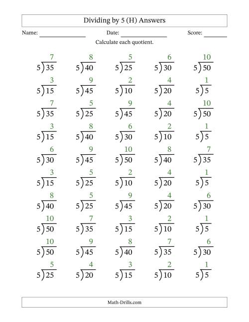 The Division Facts by a Fixed Divisor (5) and Quotients from 1 to 10 with Long Division Symbol/Bracket (50 questions) (H) Math Worksheet Page 2