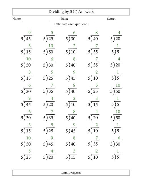 The Division Facts by a Fixed Divisor (5) and Quotients from 1 to 10 with Long Division Symbol/Bracket (50 questions) (I) Math Worksheet Page 2