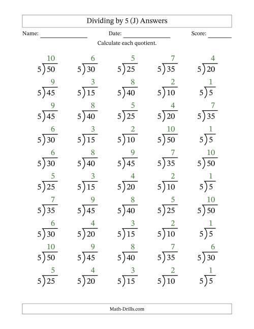 The Division Facts by a Fixed Divisor (5) and Quotients from 1 to 10 with Long Division Symbol/Bracket (50 questions) (J) Math Worksheet Page 2