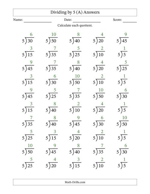 The Division Facts by a Fixed Divisor (5) and Quotients from 1 to 10 with Long Division Symbol/Bracket (50 questions) (All) Math Worksheet Page 2