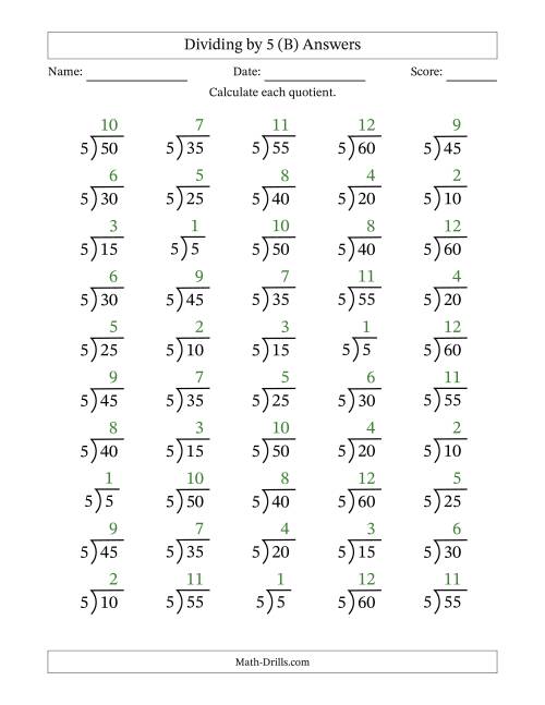The Division Facts by a Fixed Divisor (5) and Quotients from 1 to 12 with Long Division Symbol/Bracket (50 questions) (B) Math Worksheet Page 2