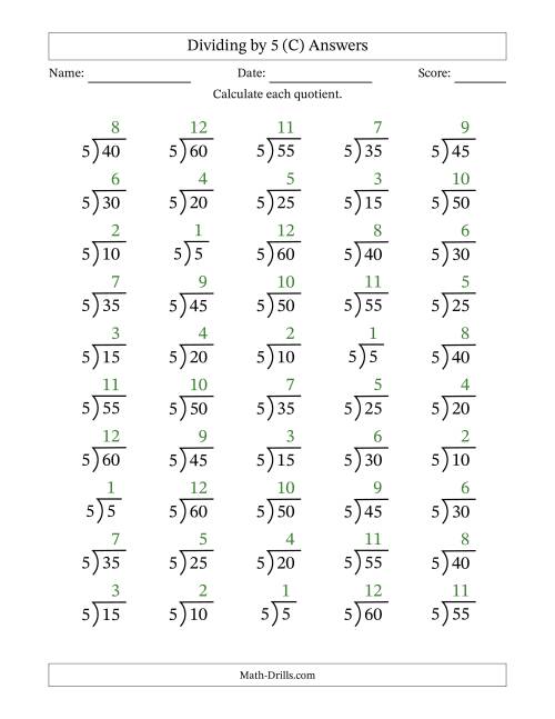 The Division Facts by a Fixed Divisor (5) and Quotients from 1 to 12 with Long Division Symbol/Bracket (50 questions) (C) Math Worksheet Page 2