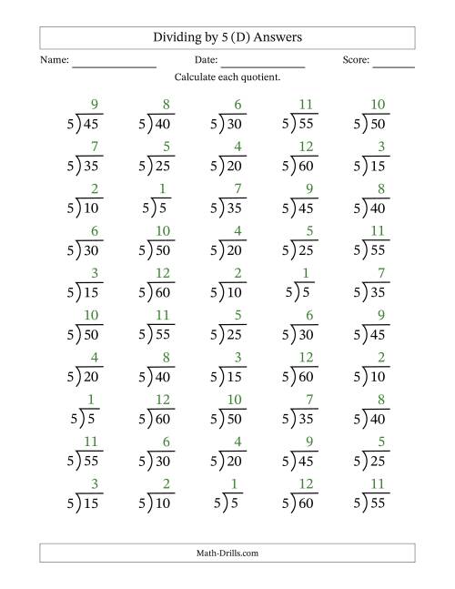 The Division Facts by a Fixed Divisor (5) and Quotients from 1 to 12 with Long Division Symbol/Bracket (50 questions) (D) Math Worksheet Page 2