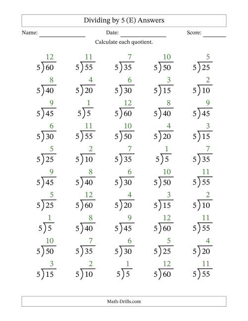 The Division Facts by a Fixed Divisor (5) and Quotients from 1 to 12 with Long Division Symbol/Bracket (50 questions) (E) Math Worksheet Page 2
