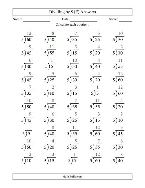 The Division Facts by a Fixed Divisor (5) and Quotients from 1 to 12 with Long Division Symbol/Bracket (50 questions) (F) Math Worksheet Page 2