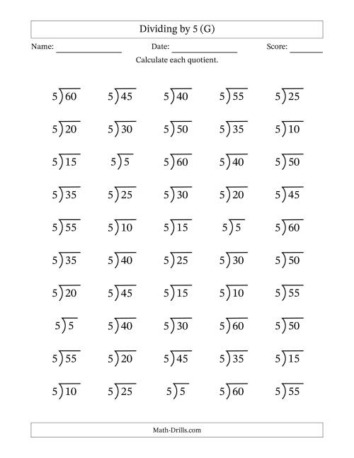 The Division Facts by a Fixed Divisor (5) and Quotients from 1 to 12 with Long Division Symbol/Bracket (50 questions) (G) Math Worksheet