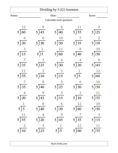 The Division Facts by a Fixed Divisor (5) and Quotients from 1 to 12 with Long Division Symbol/Bracket (50 questions) (G) Math Worksheet Page 2