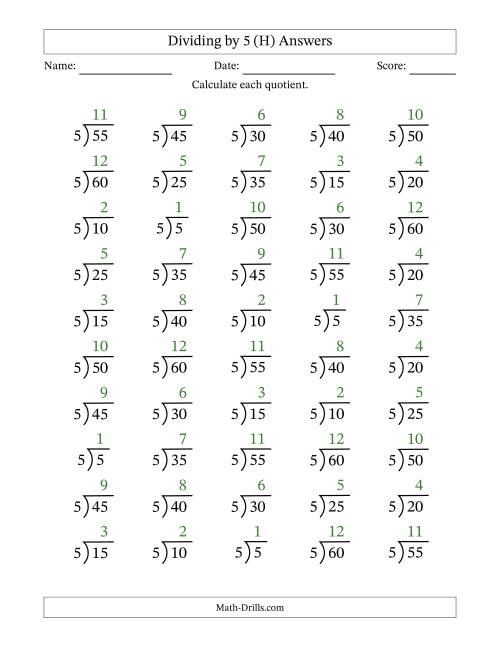 The Division Facts by a Fixed Divisor (5) and Quotients from 1 to 12 with Long Division Symbol/Bracket (50 questions) (H) Math Worksheet Page 2