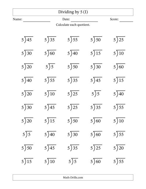 The Division Facts by a Fixed Divisor (5) and Quotients from 1 to 12 with Long Division Symbol/Bracket (50 questions) (I) Math Worksheet