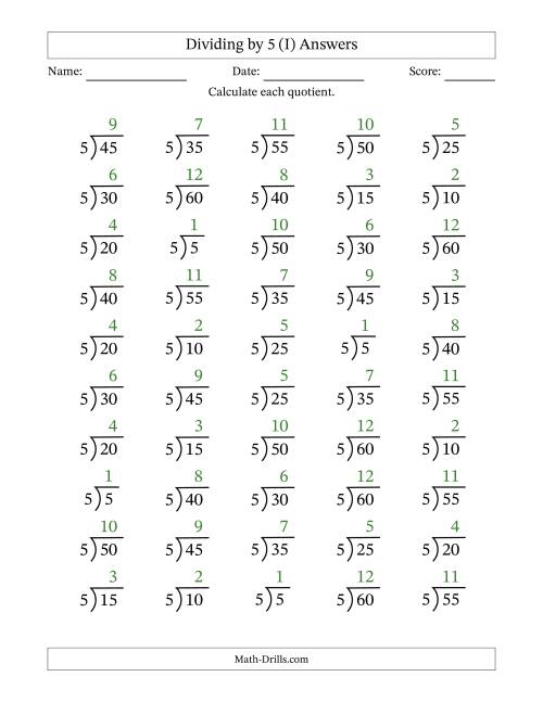 The Division Facts by a Fixed Divisor (5) and Quotients from 1 to 12 with Long Division Symbol/Bracket (50 questions) (I) Math Worksheet Page 2
