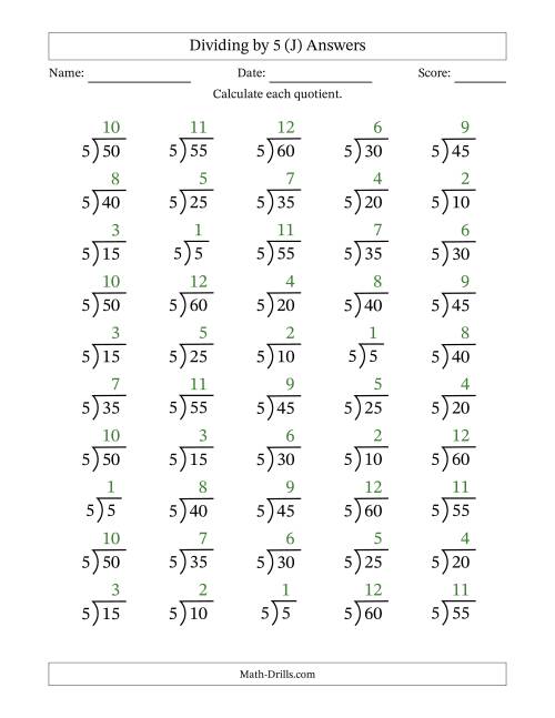 The Division Facts by a Fixed Divisor (5) and Quotients from 1 to 12 with Long Division Symbol/Bracket (50 questions) (J) Math Worksheet Page 2