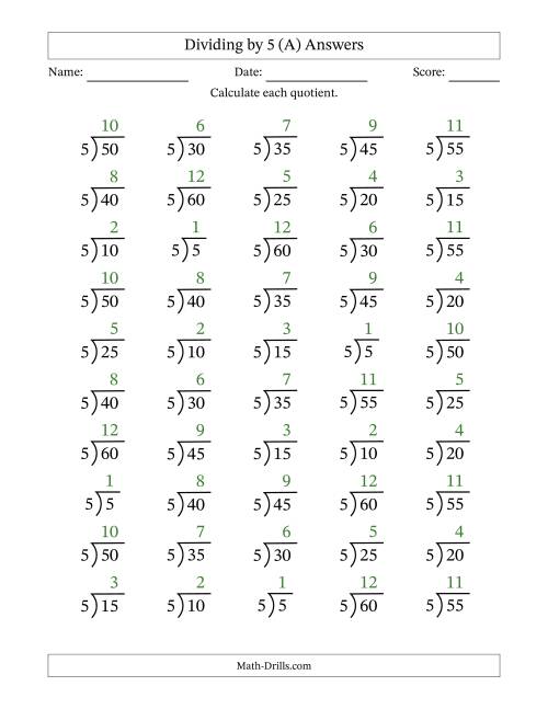 The Division Facts by a Fixed Divisor (5) and Quotients from 1 to 12 with Long Division Symbol/Bracket (50 questions) (All) Math Worksheet Page 2