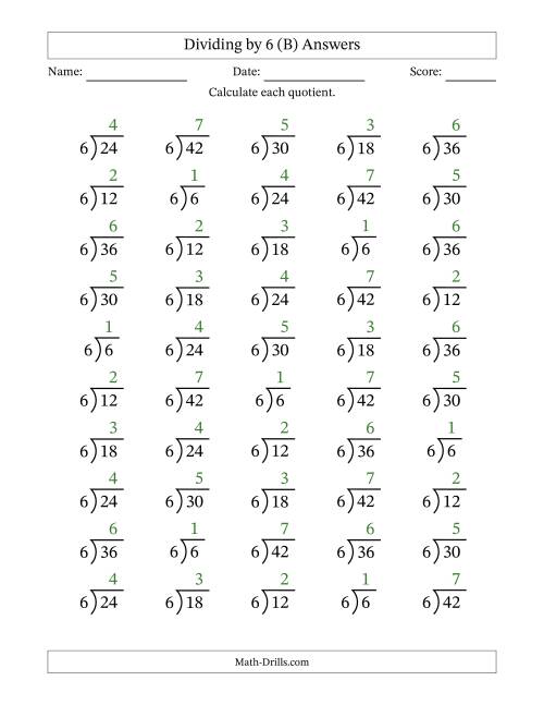 The Division Facts by a Fixed Divisor (6) and Quotients from 1 to 7 with Long Division Symbol/Bracket (50 questions) (B) Math Worksheet Page 2