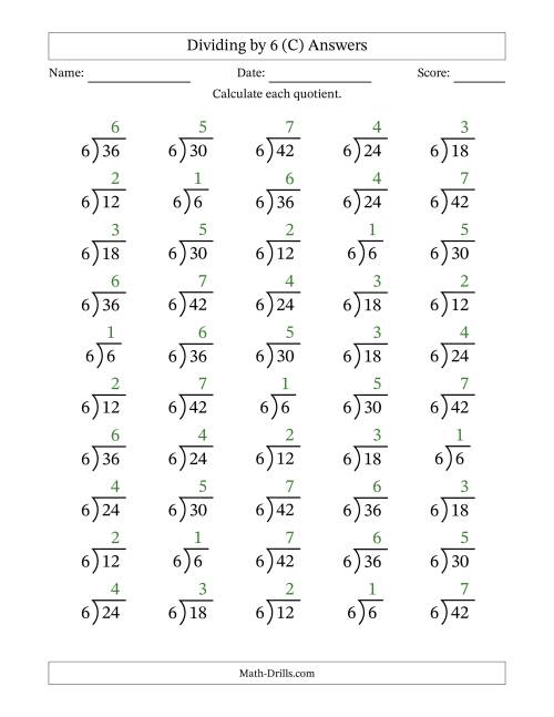 The Division Facts by a Fixed Divisor (6) and Quotients from 1 to 7 with Long Division Symbol/Bracket (50 questions) (C) Math Worksheet Page 2