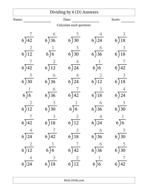 The Division Facts by a Fixed Divisor (6) and Quotients from 1 to 7 with Long Division Symbol/Bracket (50 questions) (D) Math Worksheet Page 2