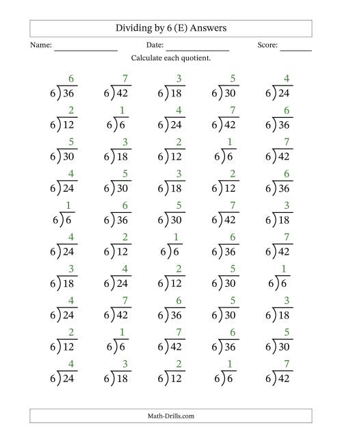 The Division Facts by a Fixed Divisor (6) and Quotients from 1 to 7 with Long Division Symbol/Bracket (50 questions) (E) Math Worksheet Page 2