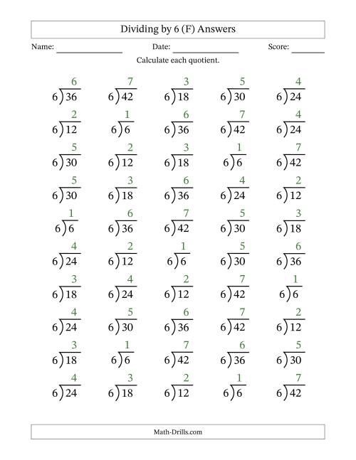 The Division Facts by a Fixed Divisor (6) and Quotients from 1 to 7 with Long Division Symbol/Bracket (50 questions) (F) Math Worksheet Page 2