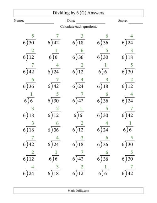 The Division Facts by a Fixed Divisor (6) and Quotients from 1 to 7 with Long Division Symbol/Bracket (50 questions) (G) Math Worksheet Page 2