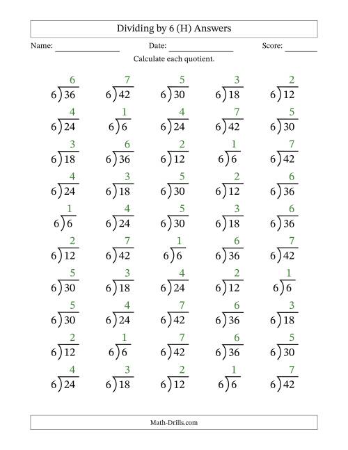 The Division Facts by a Fixed Divisor (6) and Quotients from 1 to 7 with Long Division Symbol/Bracket (50 questions) (H) Math Worksheet Page 2