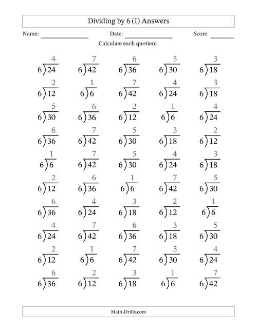The Division Facts by a Fixed Divisor (6) and Quotients from 1 to 7 with Long Division Symbol/Bracket (50 questions) (I) Math Worksheet Page 2
