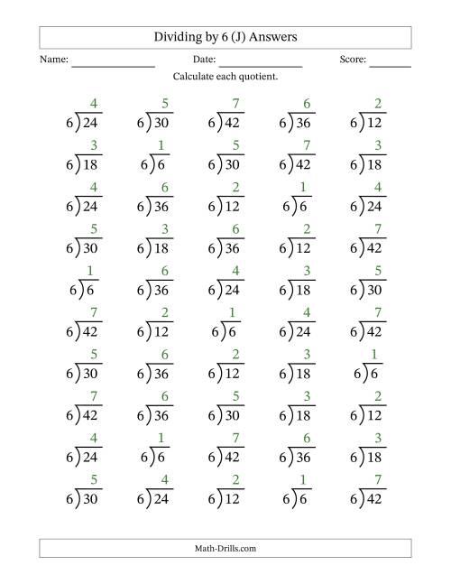 The Division Facts by a Fixed Divisor (6) and Quotients from 1 to 7 with Long Division Symbol/Bracket (50 questions) (J) Math Worksheet Page 2