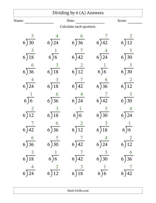 The Division Facts by a Fixed Divisor (6) and Quotients from 1 to 7 with Long Division Symbol/Bracket (50 questions) (All) Math Worksheet Page 2