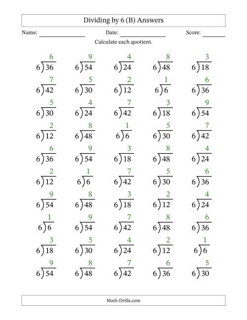 The Division Facts by a Fixed Divisor (6) and Quotients from 1 to 9 with Long Division Symbol/Bracket (50 questions) (B) Math Worksheet Page 2