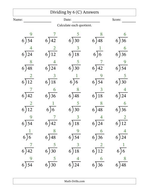 The Division Facts by a Fixed Divisor (6) and Quotients from 1 to 9 with Long Division Symbol/Bracket (50 questions) (C) Math Worksheet Page 2
