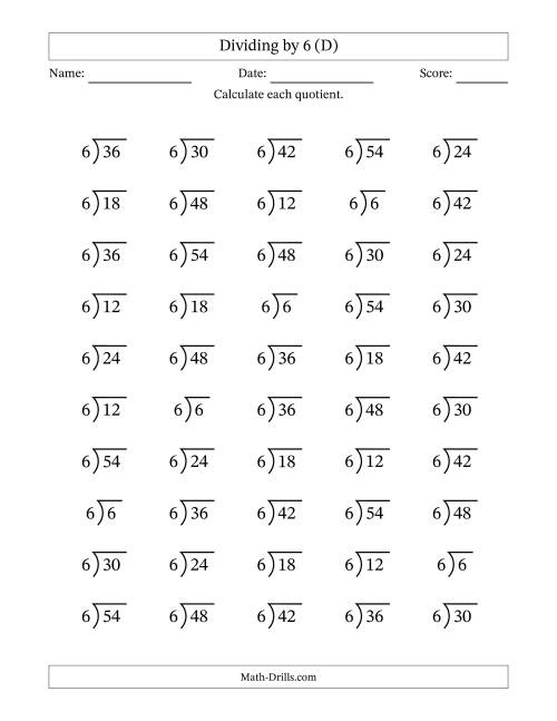 The Division Facts by a Fixed Divisor (6) and Quotients from 1 to 9 with Long Division Symbol/Bracket (50 questions) (D) Math Worksheet