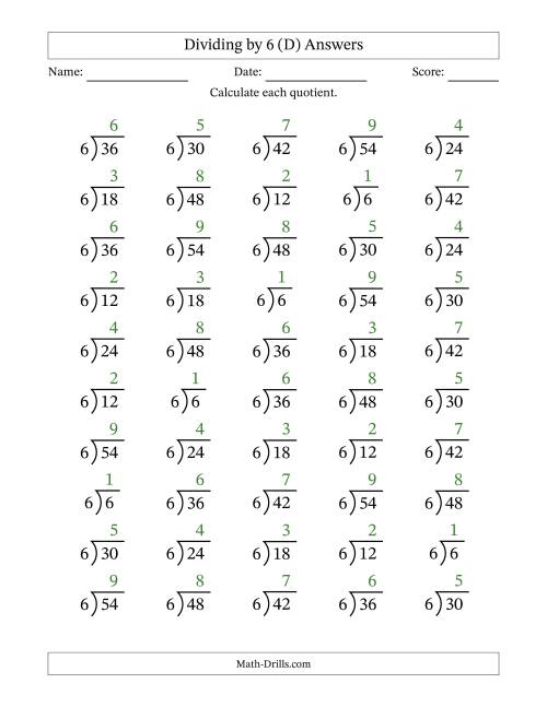 The Division Facts by a Fixed Divisor (6) and Quotients from 1 to 9 with Long Division Symbol/Bracket (50 questions) (D) Math Worksheet Page 2