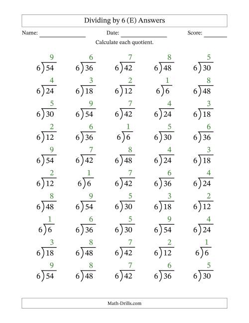 The Division Facts by a Fixed Divisor (6) and Quotients from 1 to 9 with Long Division Symbol/Bracket (50 questions) (E) Math Worksheet Page 2