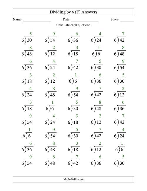 The Division Facts by a Fixed Divisor (6) and Quotients from 1 to 9 with Long Division Symbol/Bracket (50 questions) (F) Math Worksheet Page 2