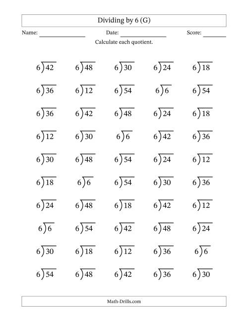 The Division Facts by a Fixed Divisor (6) and Quotients from 1 to 9 with Long Division Symbol/Bracket (50 questions) (G) Math Worksheet