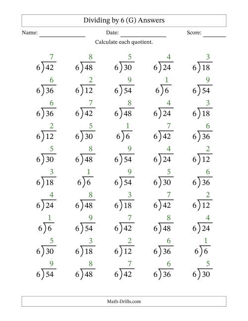 The Division Facts by a Fixed Divisor (6) and Quotients from 1 to 9 with Long Division Symbol/Bracket (50 questions) (G) Math Worksheet Page 2