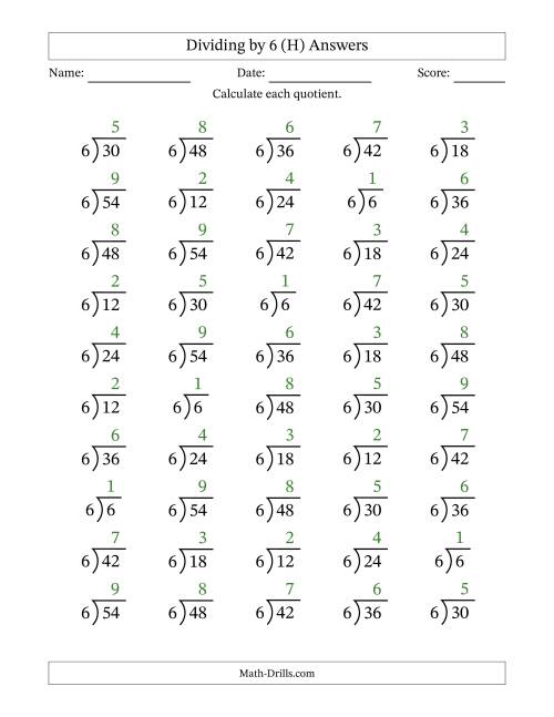 The Division Facts by a Fixed Divisor (6) and Quotients from 1 to 9 with Long Division Symbol/Bracket (50 questions) (H) Math Worksheet Page 2