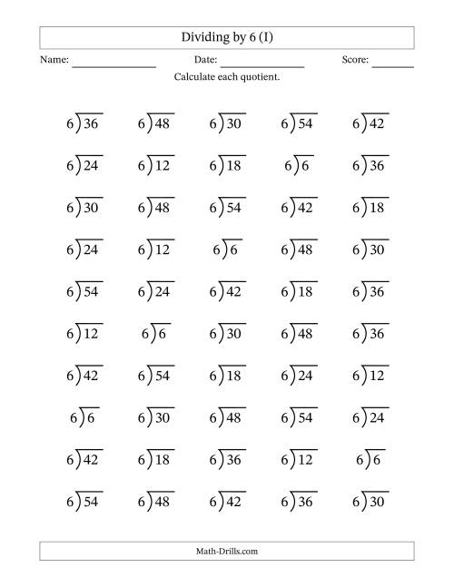 The Division Facts by a Fixed Divisor (6) and Quotients from 1 to 9 with Long Division Symbol/Bracket (50 questions) (I) Math Worksheet